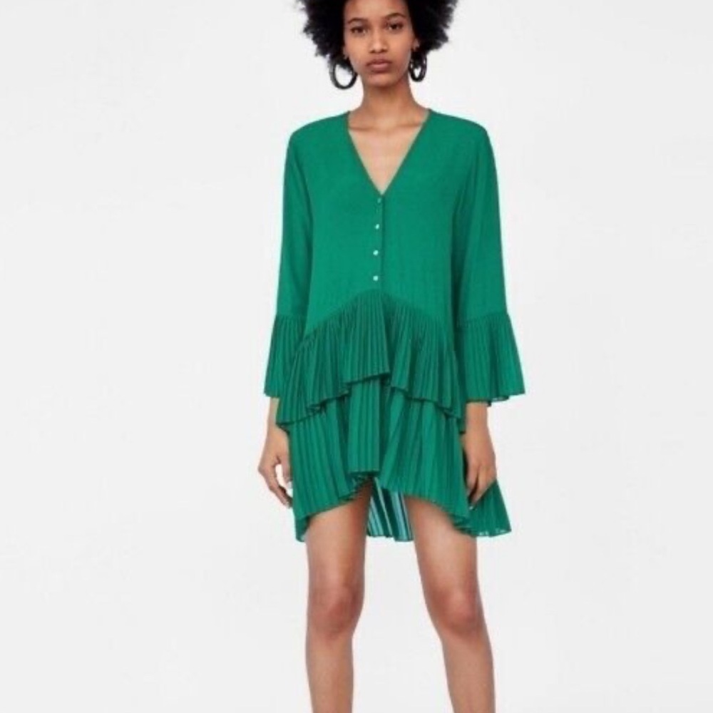 ZARA Woman Green V-Neck Tiered Midi Dress Long Sleeve Size S Casual